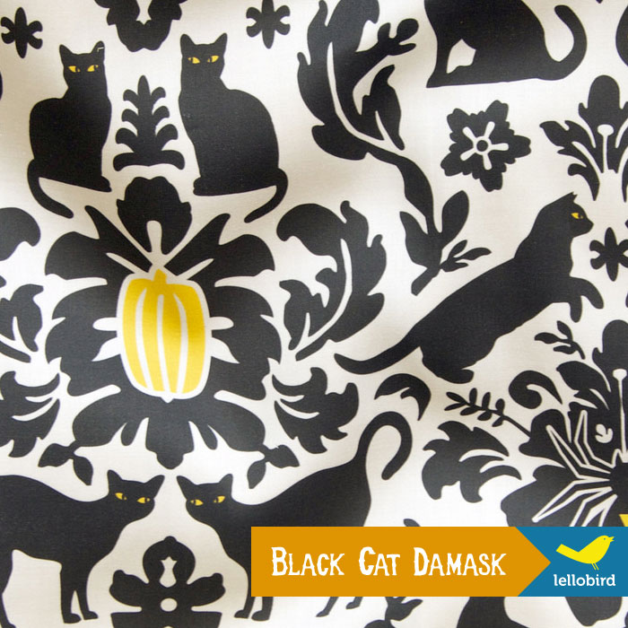 Black Cat Damask fabric by Lellobird, available at Spoonflower
