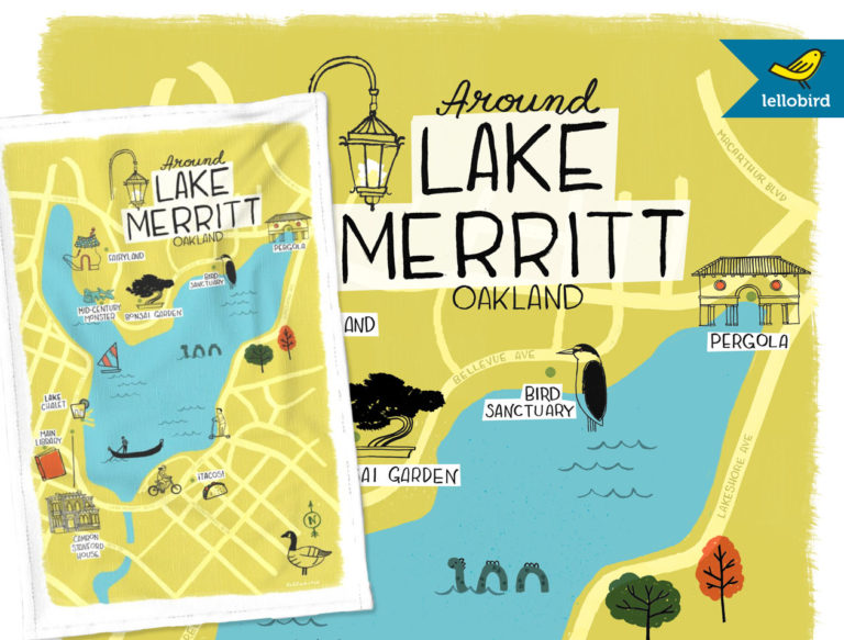 Around Lake Merritt map tea towel by Lellobird