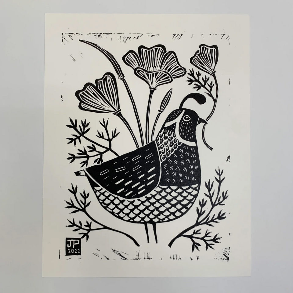 California quail linocut print from Roadworks 2022