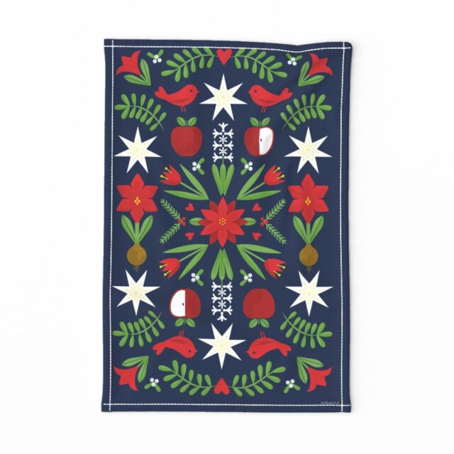 Swedish Folk Art winter foliage tea towel by Lellobird